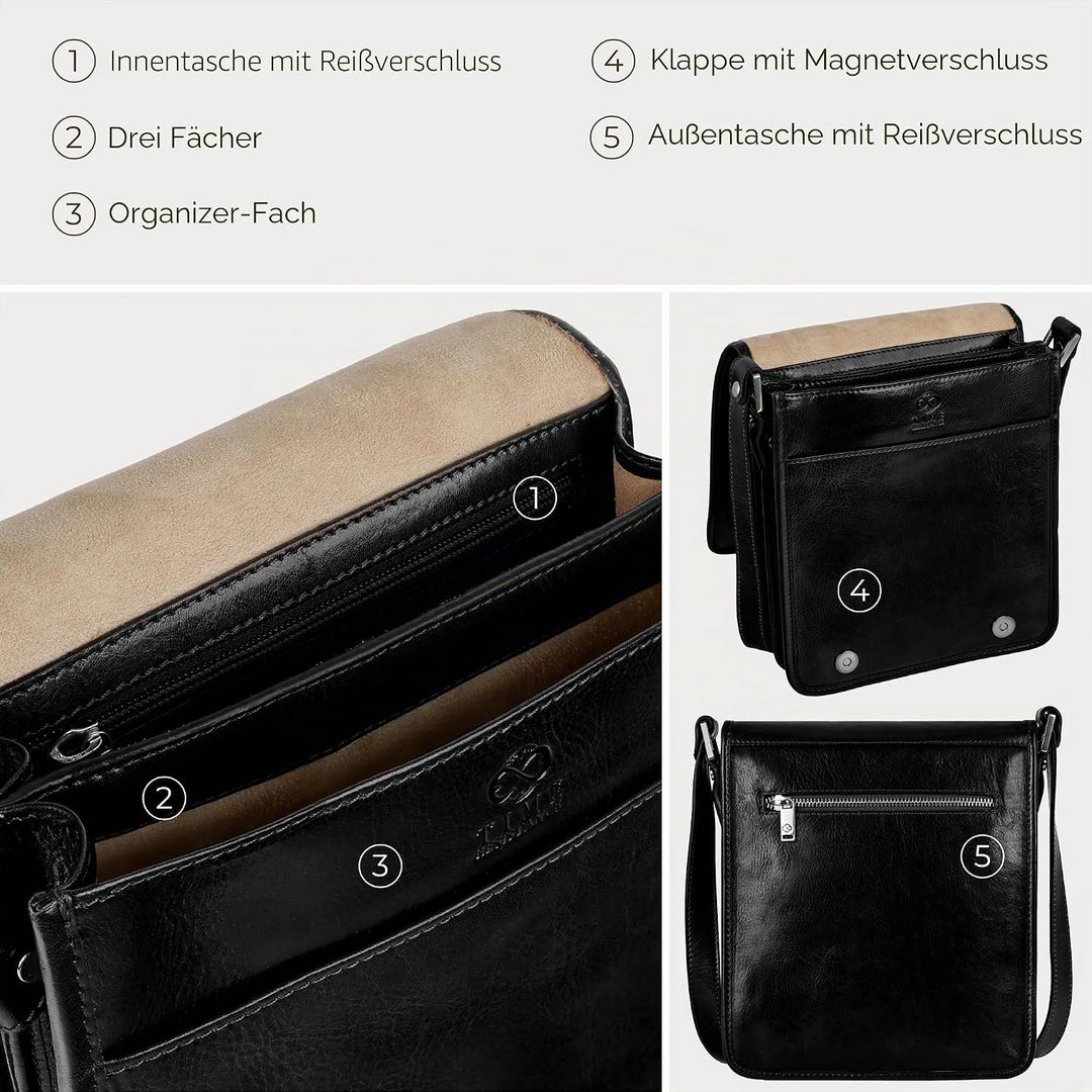 Time Resistance Schultertasche aus Leder Herren - Messenger Bags - Umhängetasche Herren - Elegante L