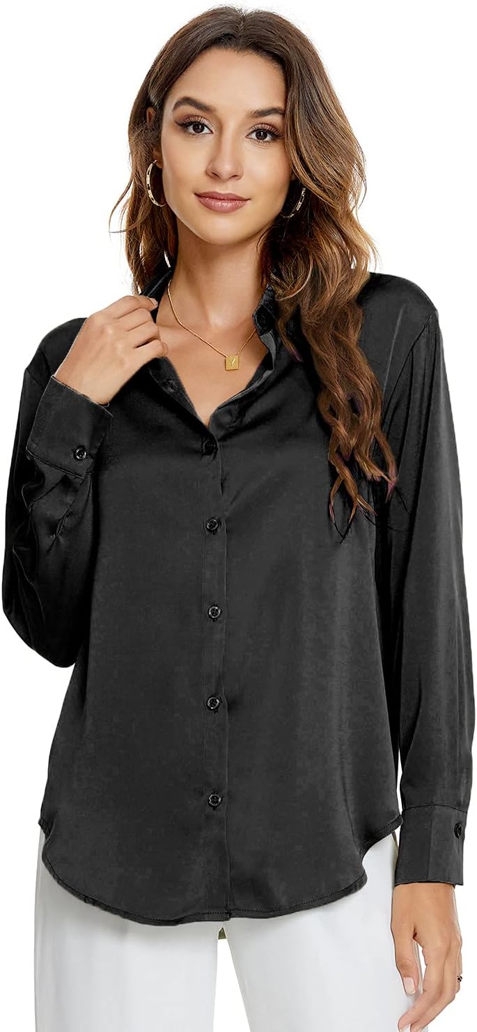 Atnlewhi Damen Bluse Langarm Knöpfen Satin Seide Hemden Basic Kent Kragen Arbeit Büro Formelle Casua