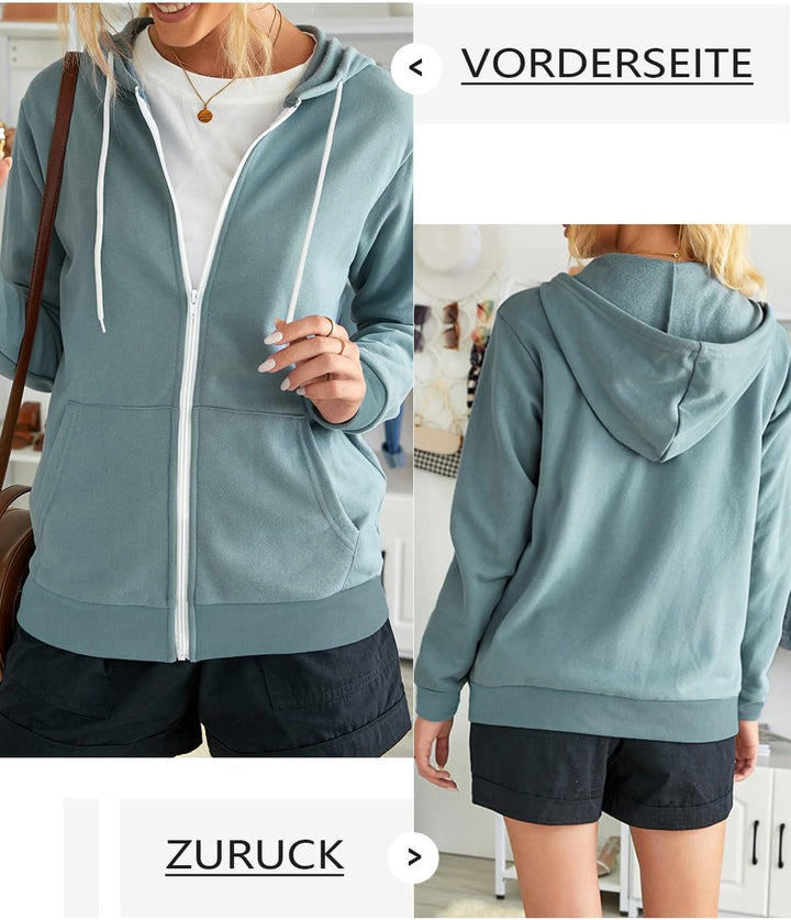 Uusollecy Damen Sweatjacke Hoodie Sweatshirtjacke Pullover Oberteile Kapuzenpullover Einfarbig Full
