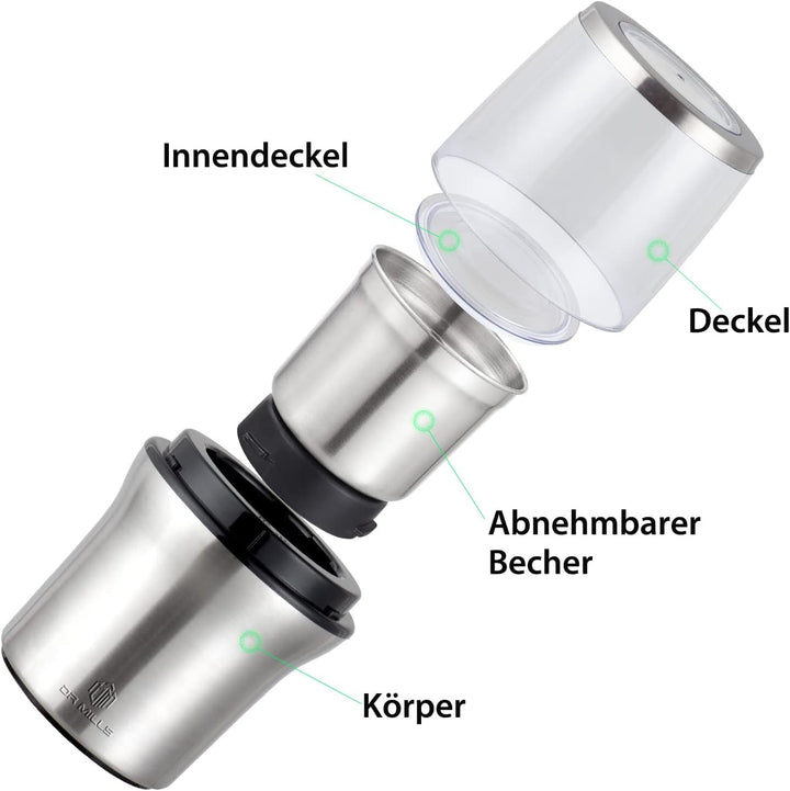 DR MILLS DM-7412M Elektrische Gewürz- und Kaffeemühle, Mühle und Hackmesser, abnehmbarer Becher, abw