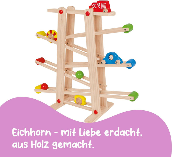 Eichhorn 100002029 Grosse Rollbahn aus Kiefernholz, 7-teilig, mit 6 Rollelementen, Kugelbahn für Kin