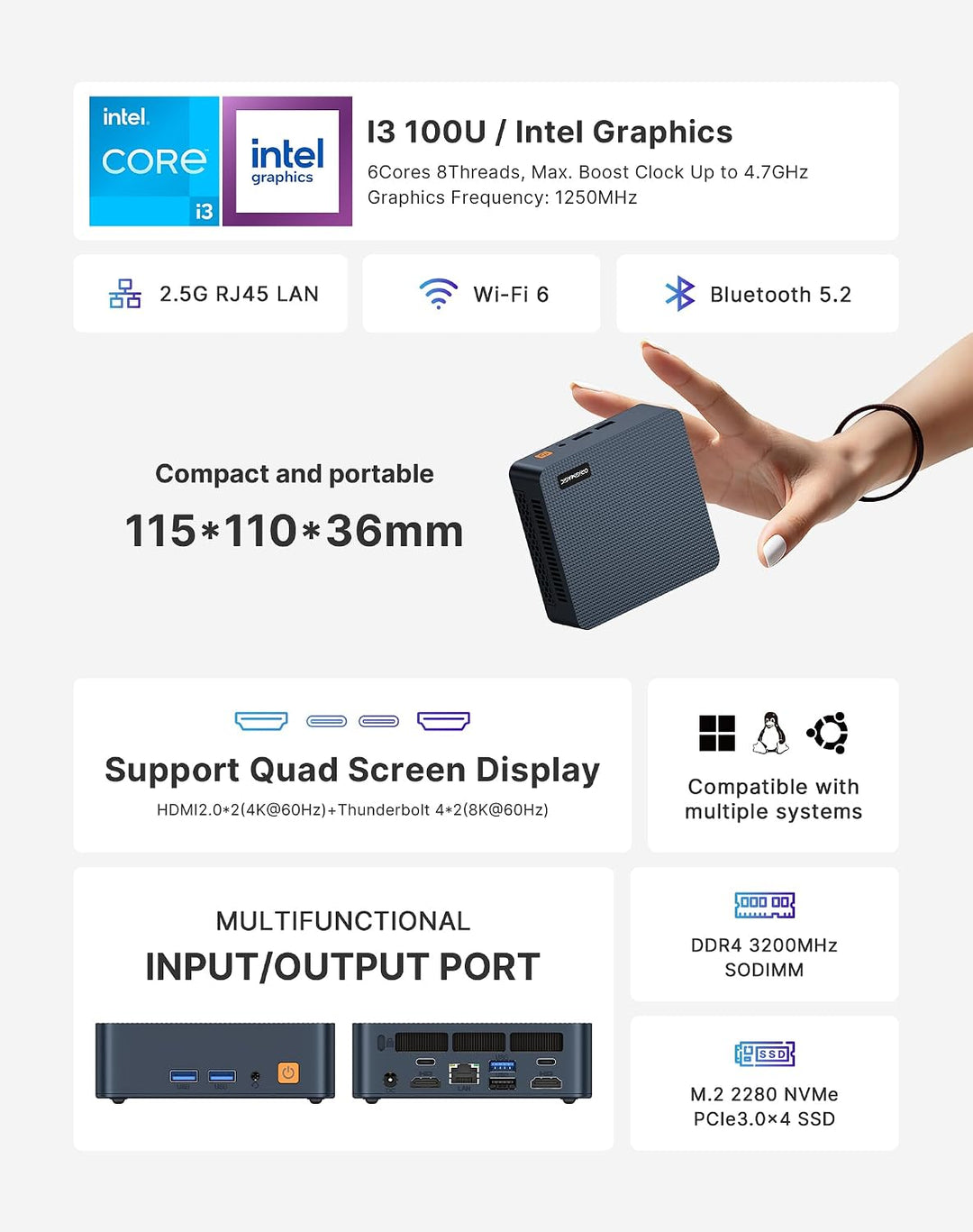 Mini PC C7 Intel Core 3 100U Plug and Play 16 GB 512 GB Windows 11 100U 16+512GB, 100U 16+512GB