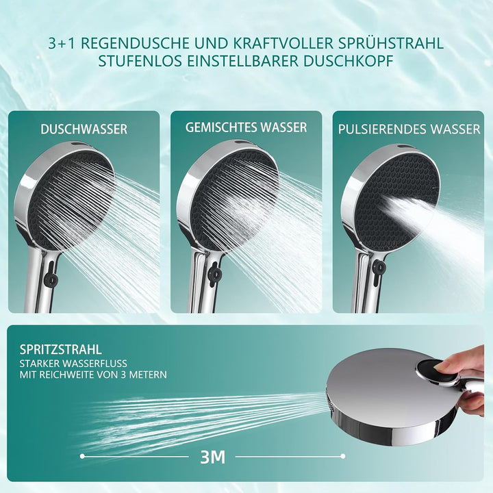 Duschkopf Gross Hochdruck XXL mit Schlauch Regenduschkopf mit 3+1 Strahlarten, 130mm Gross Handbraus