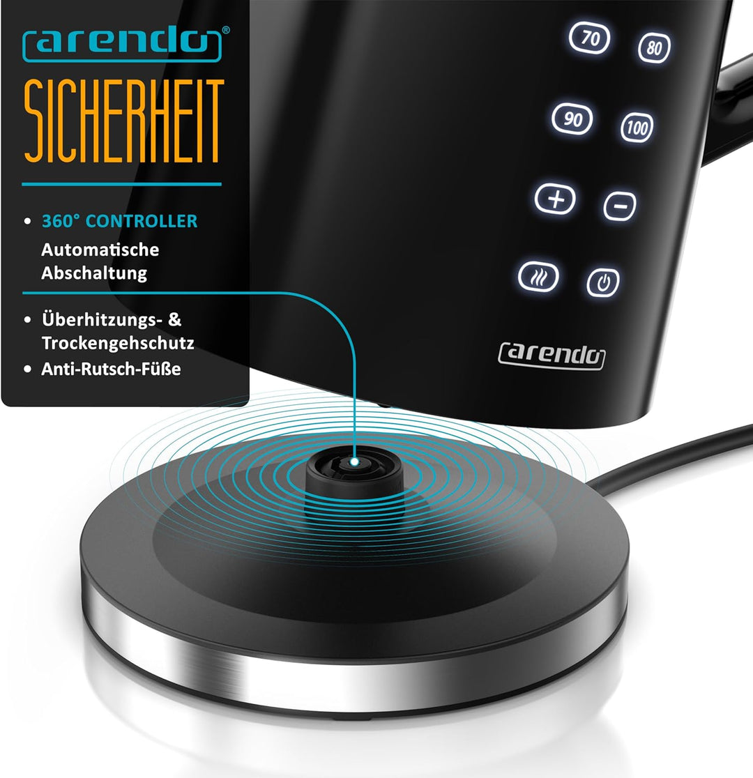 Arendo - digitaler Wasserkocher mit Temperatureinstellung - Edelstahl - Display im Gehäuse - Kabello