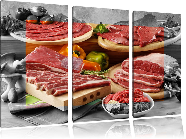 Saftige Fleisch Variationen schwarz/weiss 3-Teiler Leinwandbild 120x80 Bild auf Leinwand, XXL riesig