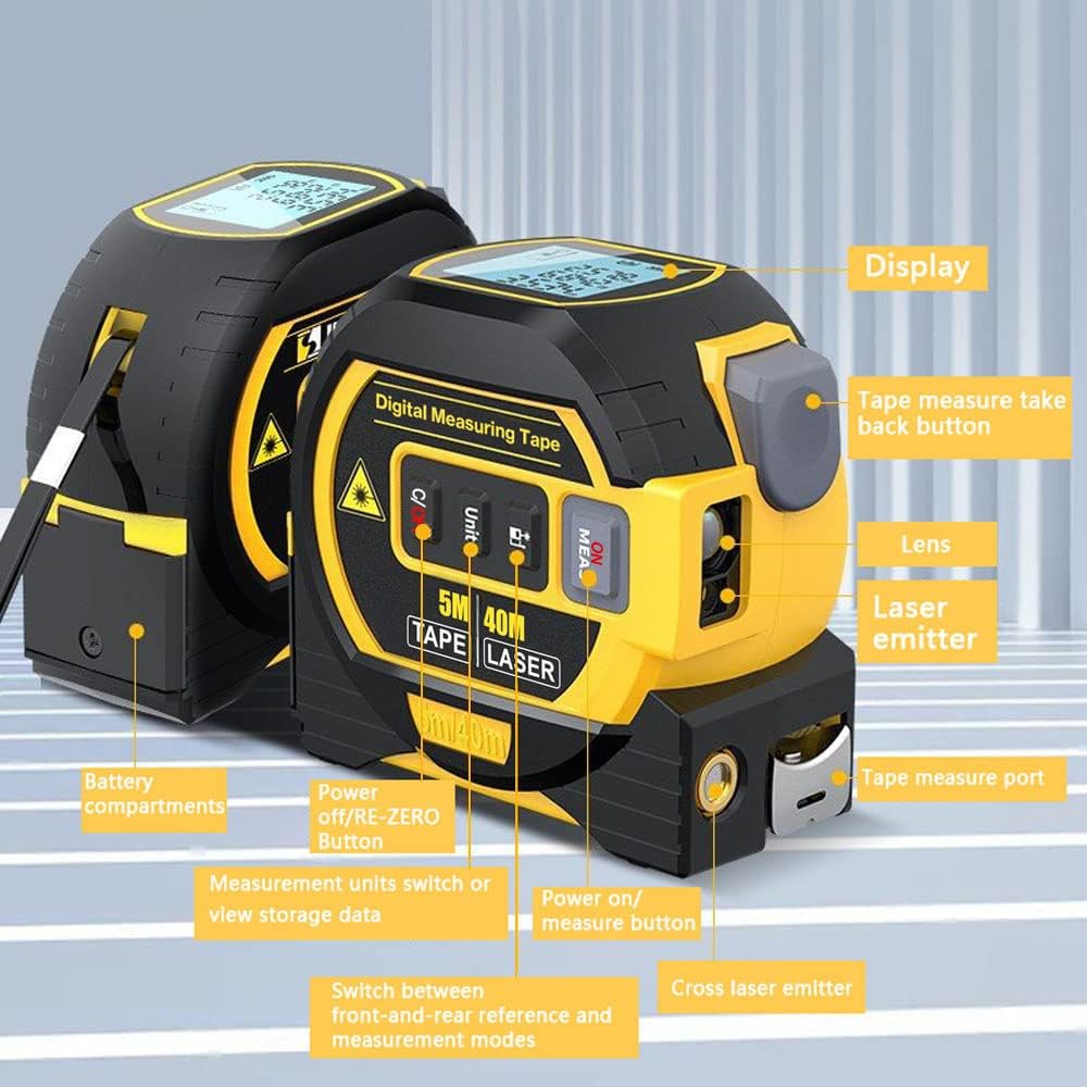 Geevorks Laser-Entfernungsmesser, Laser-Entfernungsmesser, 60 m, 3 in 1, 5 m, Massband, Lineal, LCD-