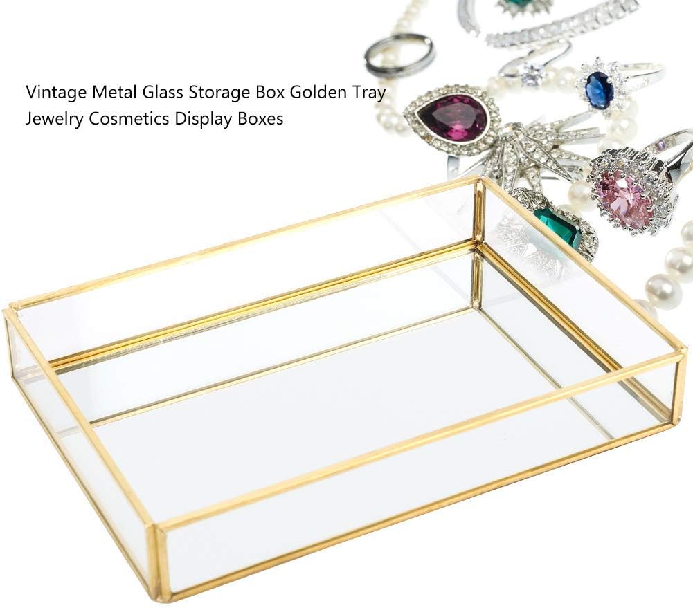 Retro Spiegeltablett, Dekotablett Gold Glastablett Tablett Vintage Metall Glas Aufbewahrungsbox Kosm