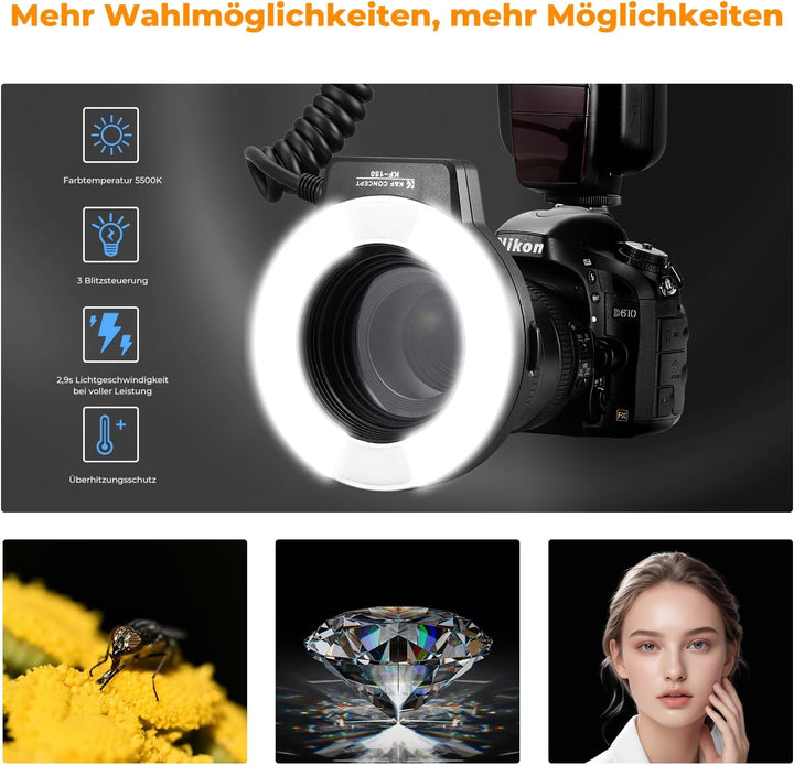 K&F Concept TTL Makroblitz Ringblitz Ringleuchte Blitzgerät für Nikon DSLR GN 14 mit AF-Hilfslicht A
