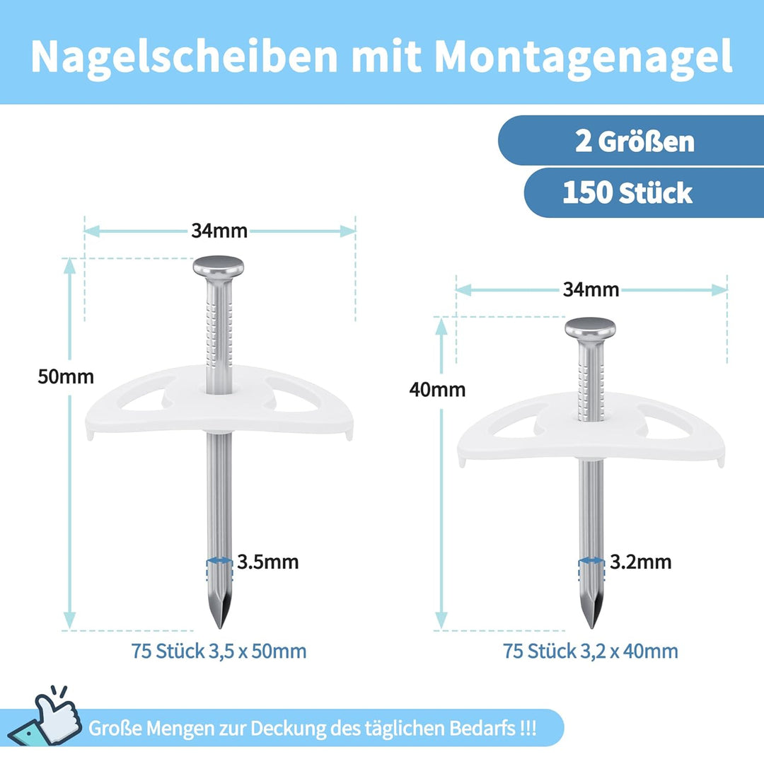 Enhon 150 Stück Nagelscheiben mit Montagenagel, 75 Stück 3,2 x 40mm und 75 Stück 3,5 x 50mm Montagen