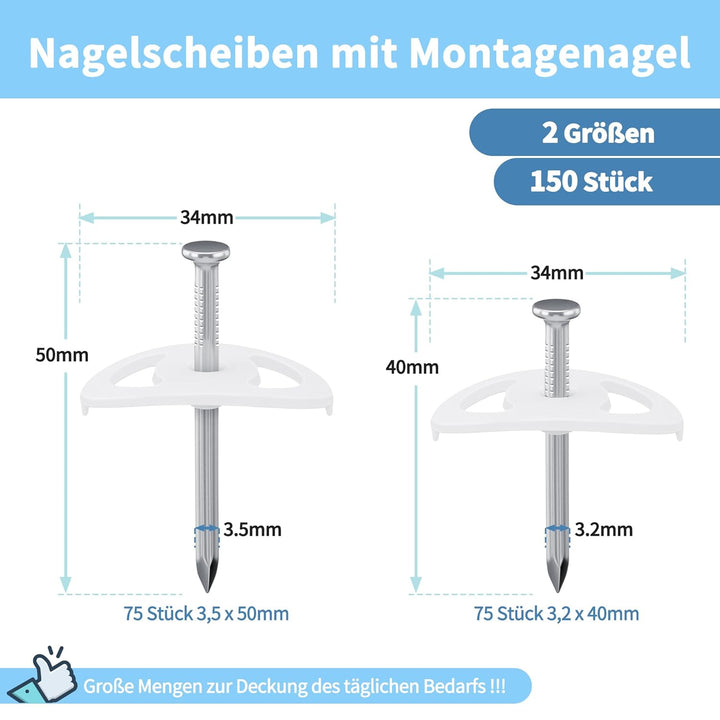 Enhon 150 Stück Nagelscheiben mit Montagenagel, 75 Stück 3,2 x 40mm und 75 Stück 3,5 x 50mm Montagen