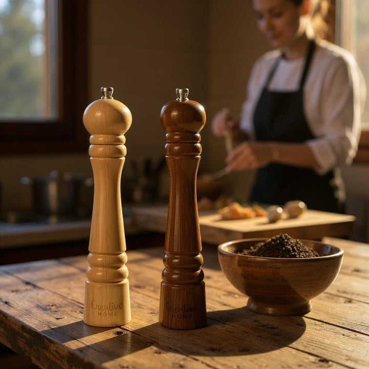 Creative Home Grosse Salz Pfeffermühle Holz | Set von 2 Mühlen mit Mini-Holzschaufel | 31,5cm Höhe |