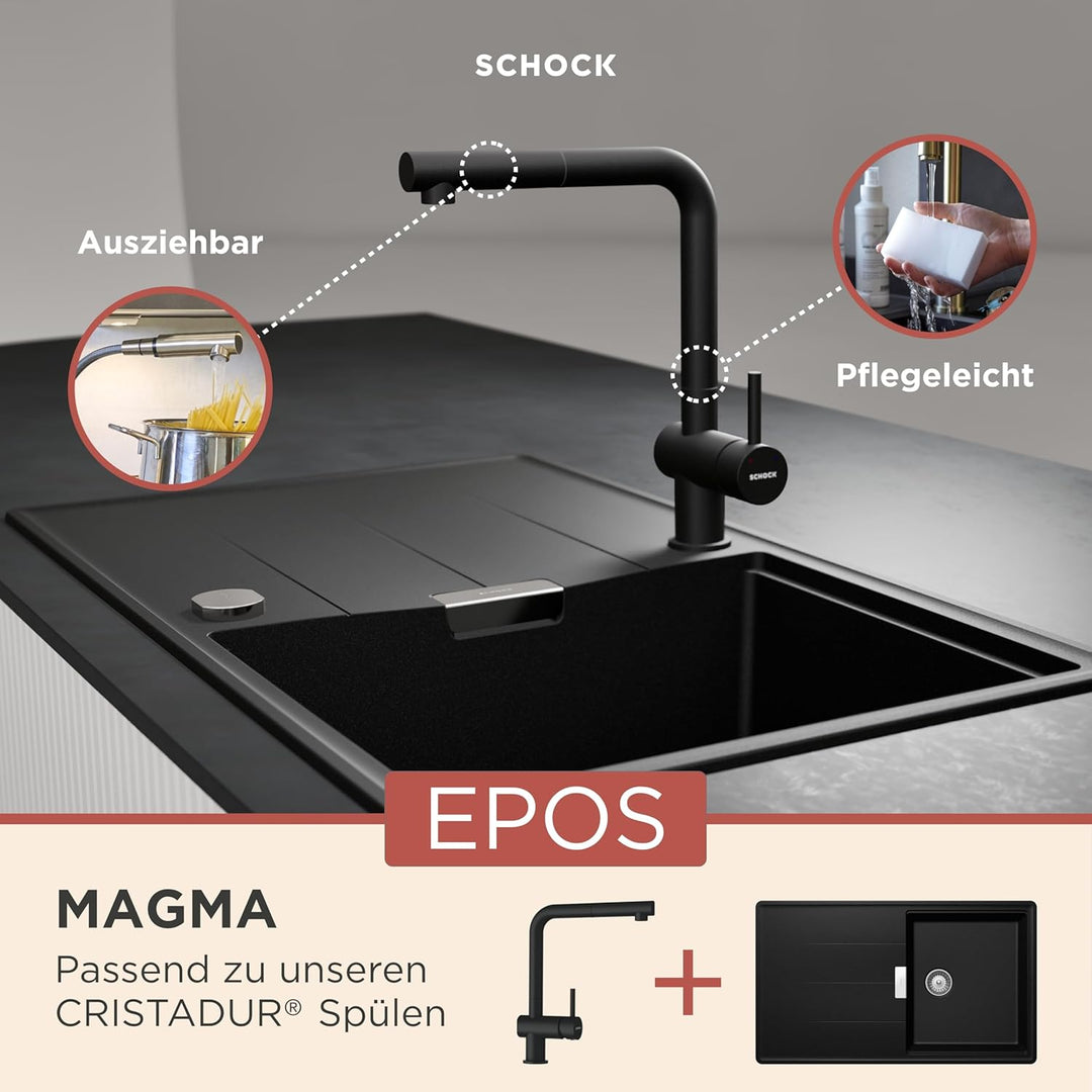 SCHOCK Küchenarmatur Epos Magma – schwarze hochdruck Armatur mit ausziehbarer Schlauchbrause und Sta