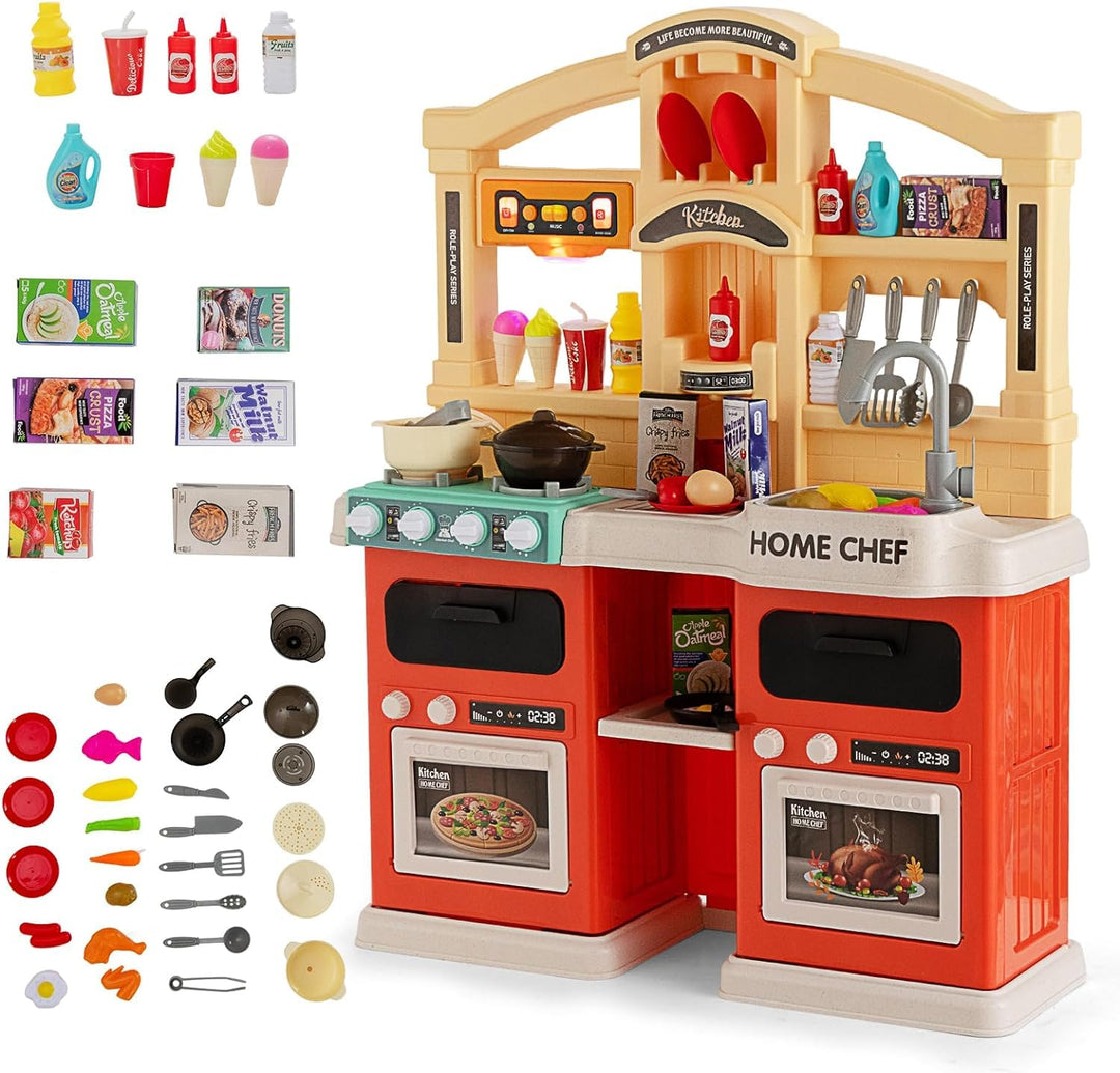 DREAMADE Kinderküche mit 42 TLG. Zubehör, Kinderspielküche mit Licht und Sound, Dampf, Wasser, Spüle