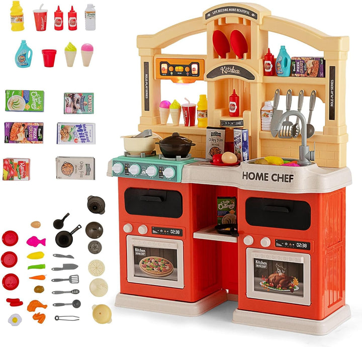 DREAMADE Kinderküche mit 42 TLG. Zubehör, Kinderspielküche mit Licht und Sound, Dampf, Wasser, Spüle