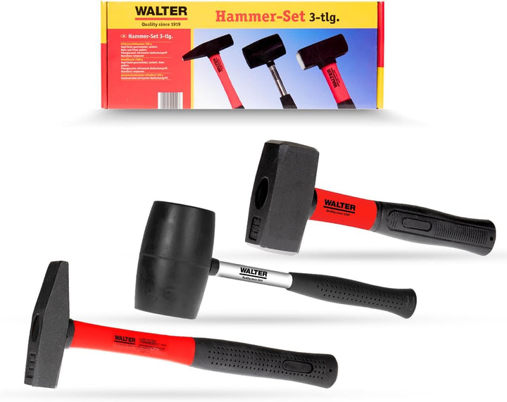 WALTER Hammer-Set 3-tlg., Schlosserhammer, 300, 300, 1000, Gummischonhammer, Gummi Gleitschutzgriffe