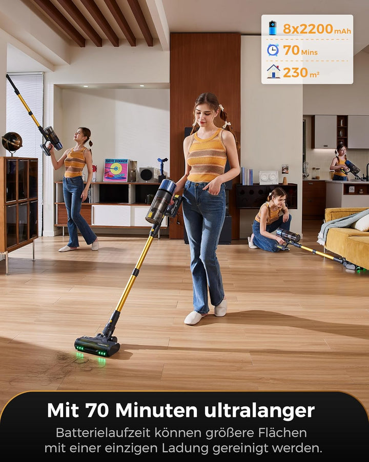 Proscenic P15 Staubsauger Kabellos, 70 Mins 55KPa 600W Akku Staubsauger Selbststehend mit Touchscree