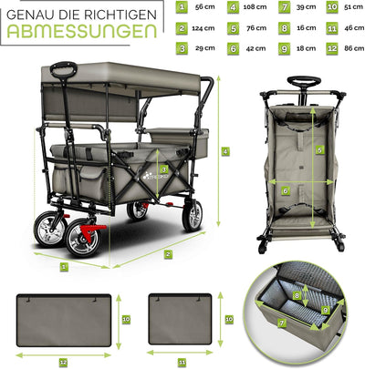 TRESKO® Bollerwagen faltbar mit Dach | Handwagen mit 2x3-Punkt Gurtsystem | Gartenwagen klappbar bis