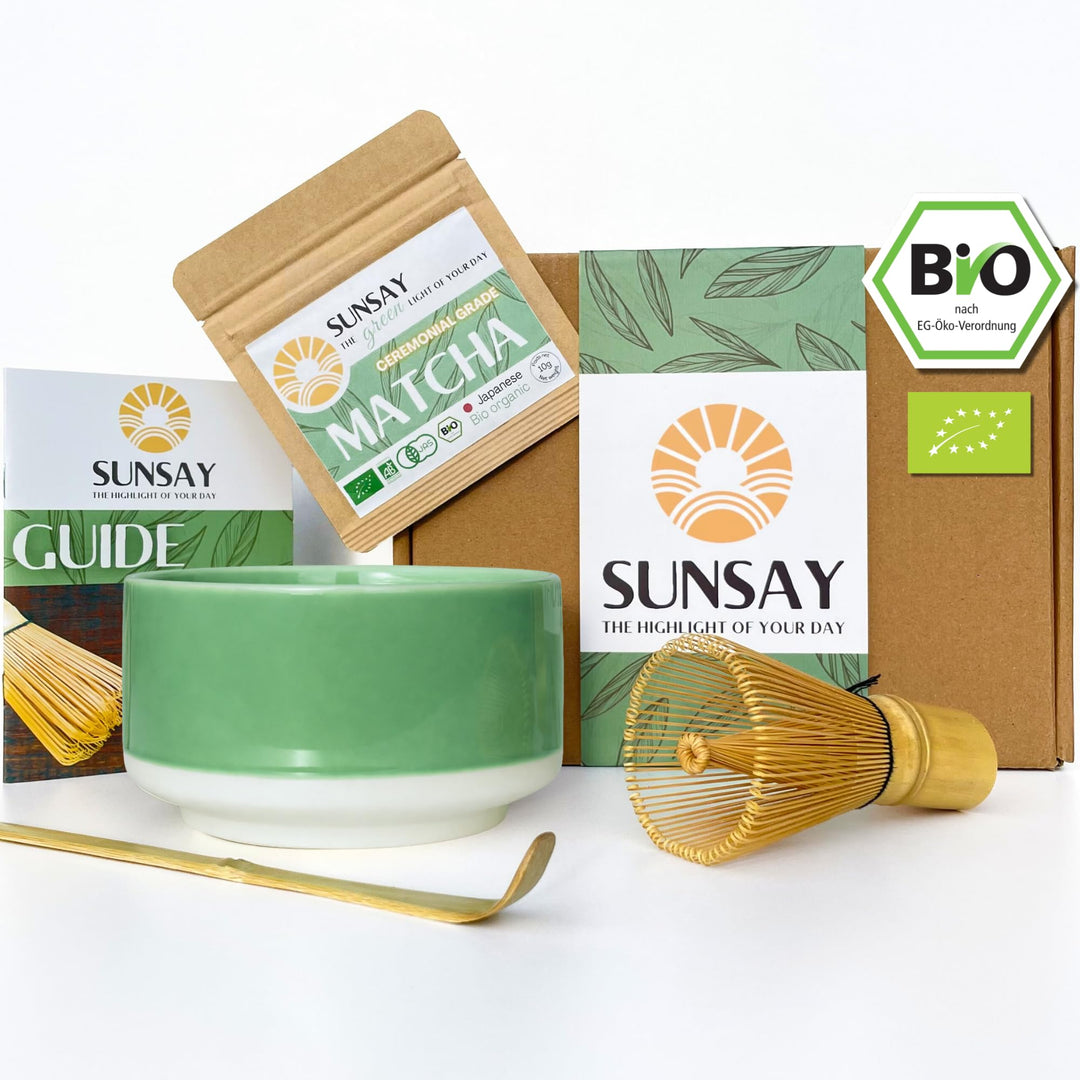 SUNSAY® MATCHA SET mit Japanischem Bio Matcha Tee – Komplettes Service-Set – Matcha-Schale, Bambusbe