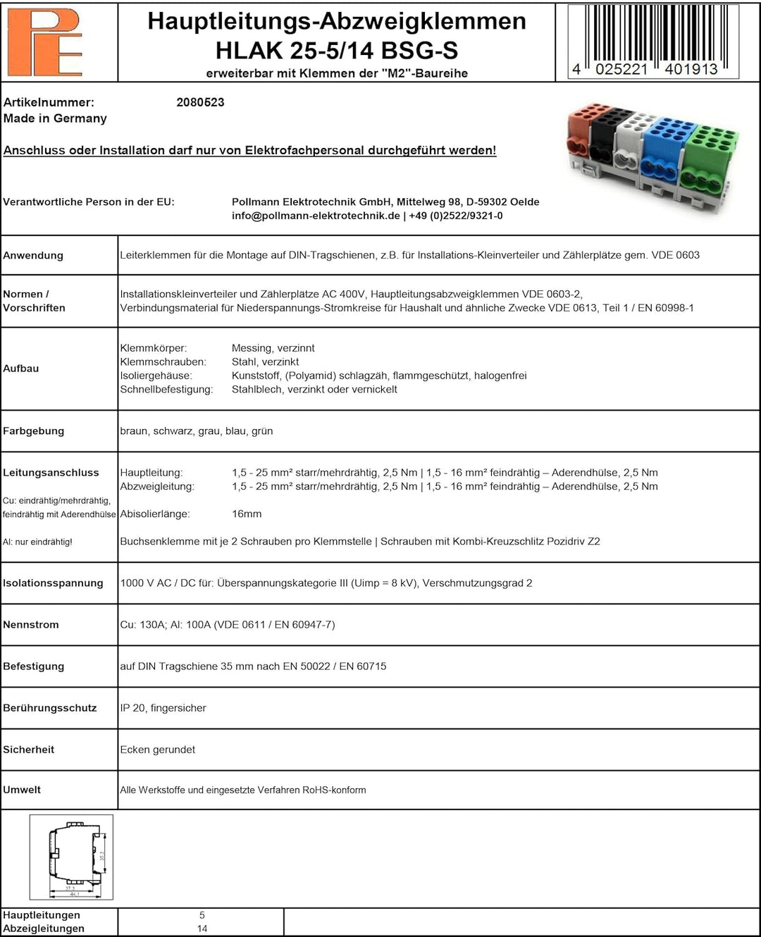 Pollmann Hauptleitungs-Abzweigklemme HLAK 25-5/14 BSG-S, 1 Stück