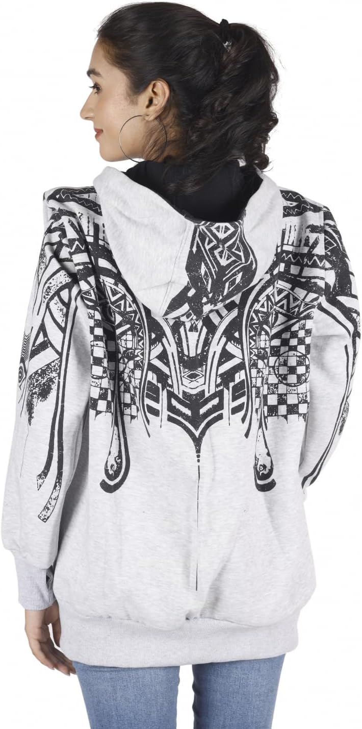 GURU SHOP Goa Festival Hoody mit Tribal Print, Kapuzenpulli, Sweatshirt, Damen, Baumwolle 36 Grau, 3