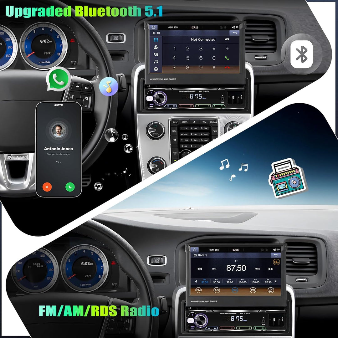 CAMECHO Autoradio 1 Din Wireless Carplay mit 7 Zoll Touchscreen Bluetooth Radio Manuelle Ausfahrbare