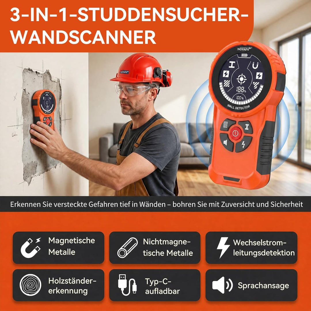 NOYAFA Leitungssuchgerät Ortungsgerät Leitungsfinder, Wiederaufladbar, HD-LCD-Display, für Metall, H