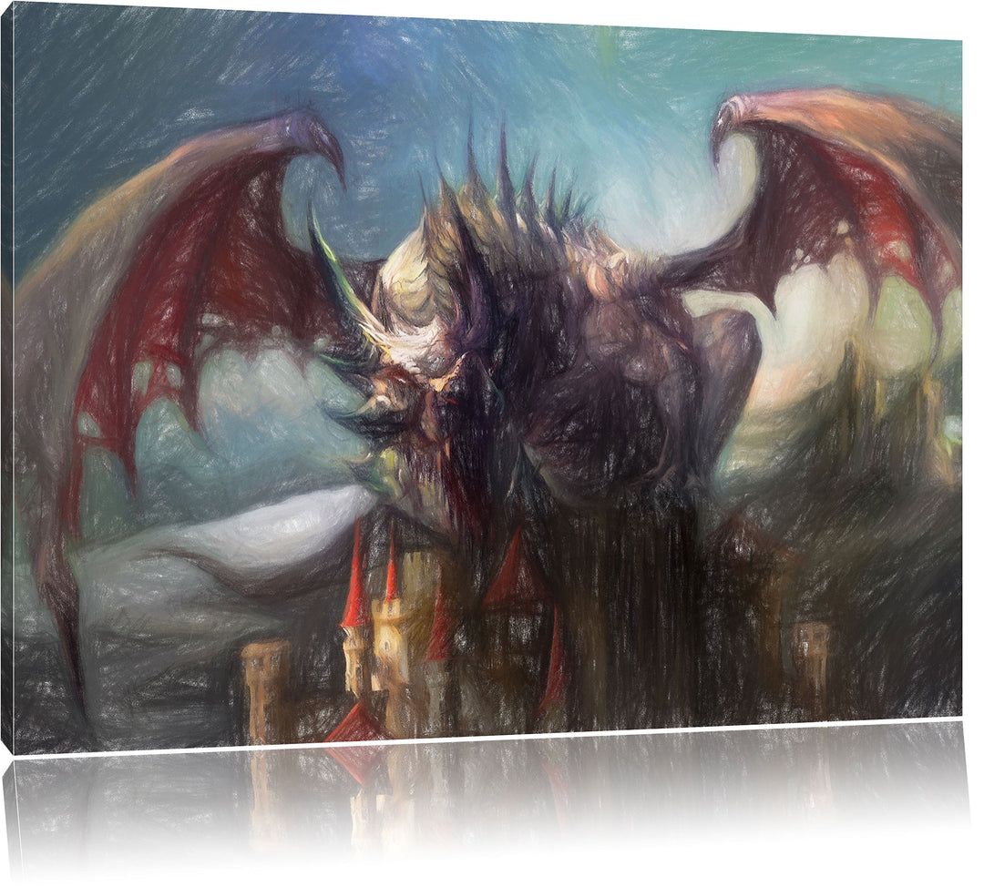 Pixxprint der Drache auf der Festung als Leinwandbild | Grösse: 100x70 cm | Wandbild | Kunstdruck |