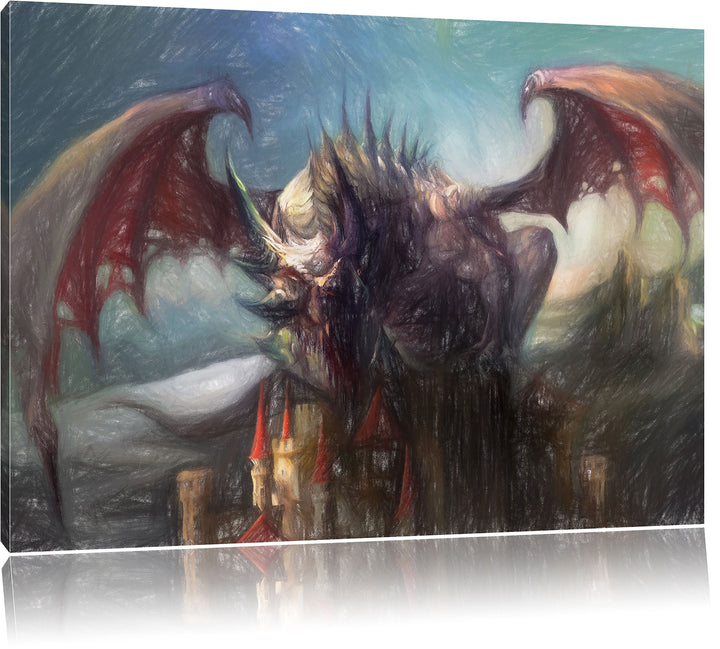 Pixxprint der Drache auf der Festung als Leinwandbild | Grösse: 100x70 cm | Wandbild | Kunstdruck |