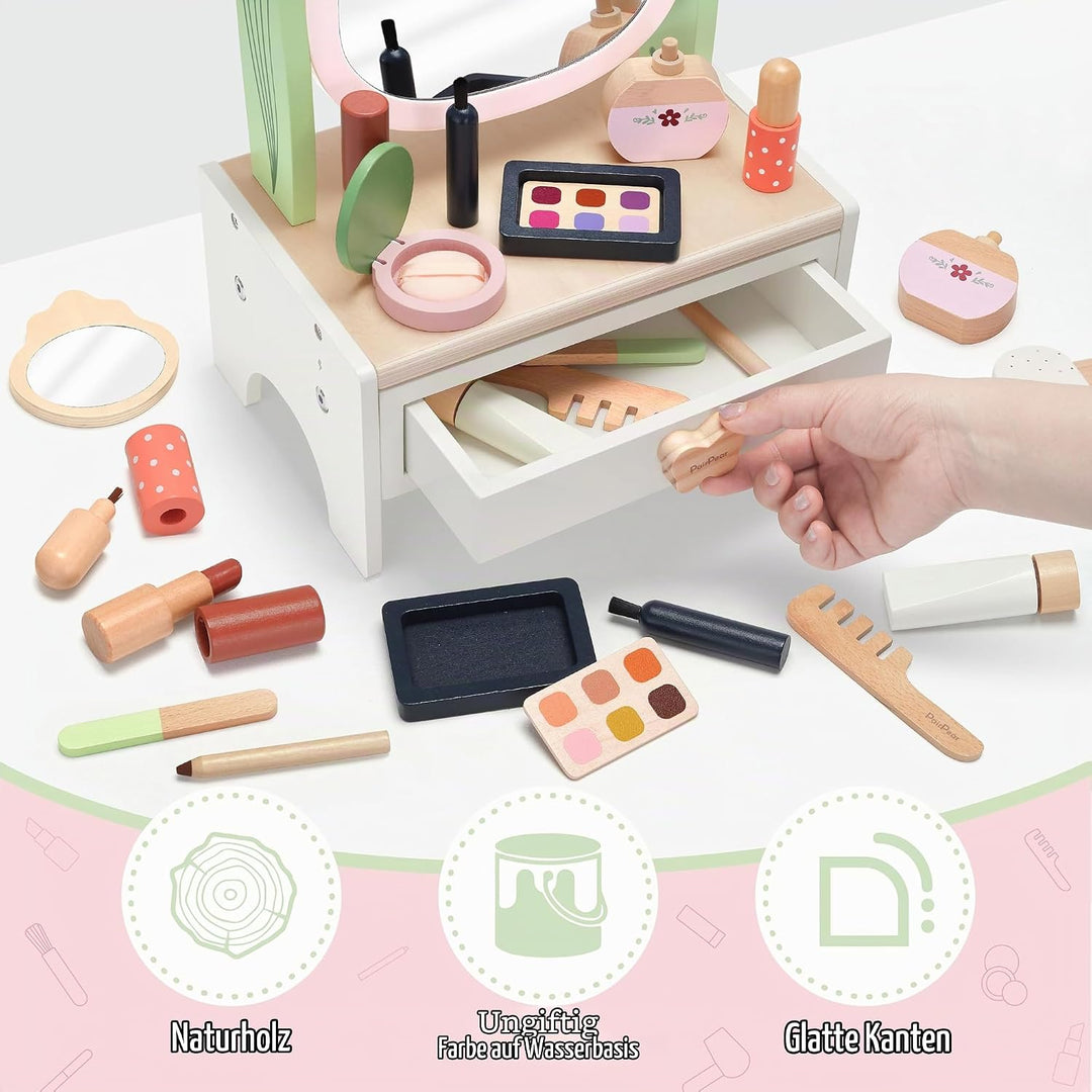 PairPear Holz-Kosmetikset für Kinder mit drehbarem Spiegel, Beauty-Salon Spielset mit 19 Zubehörteil