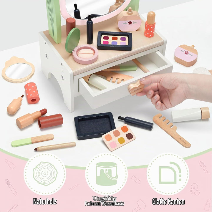 PairPear Holz-Kosmetikset für Kinder mit drehbarem Spiegel, Beauty-Salon Spielset mit 19 Zubehörteil