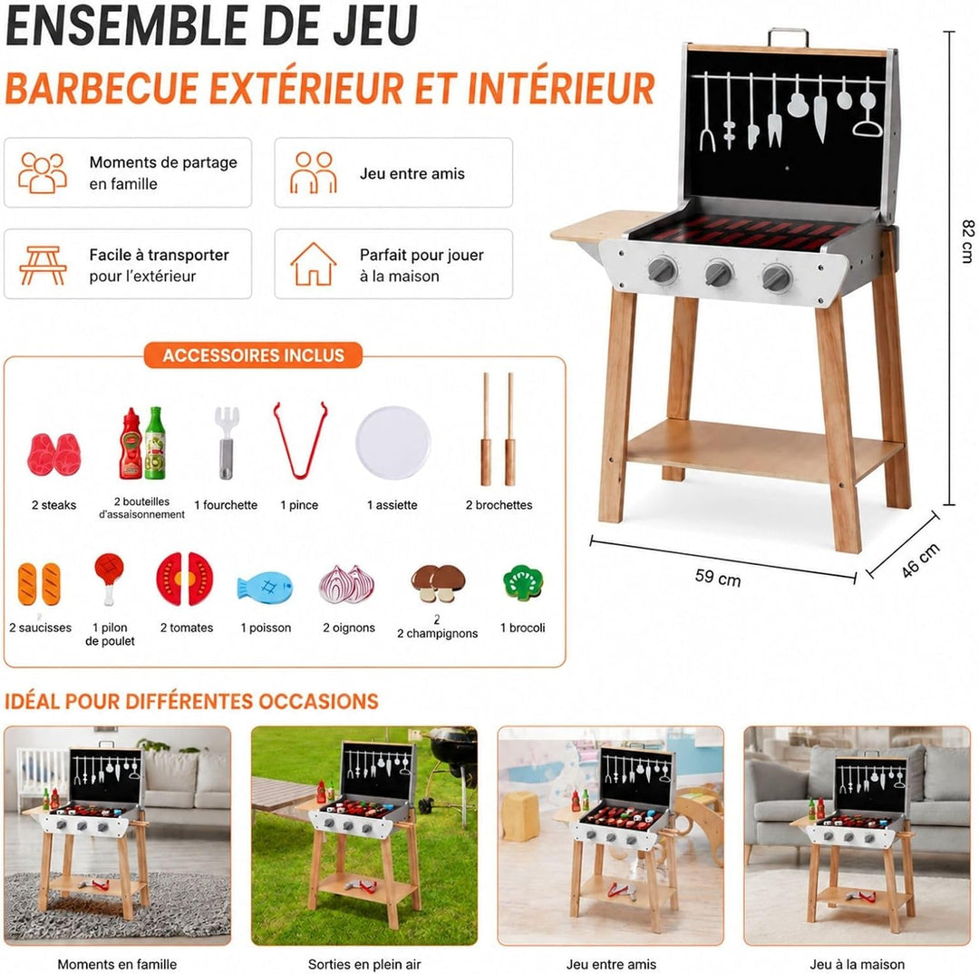 BBQ Grill Spielzeugset aus Holz 21-teilig mit Spiellebensmitteln und Grillzubehör für Rollenspiel Kü