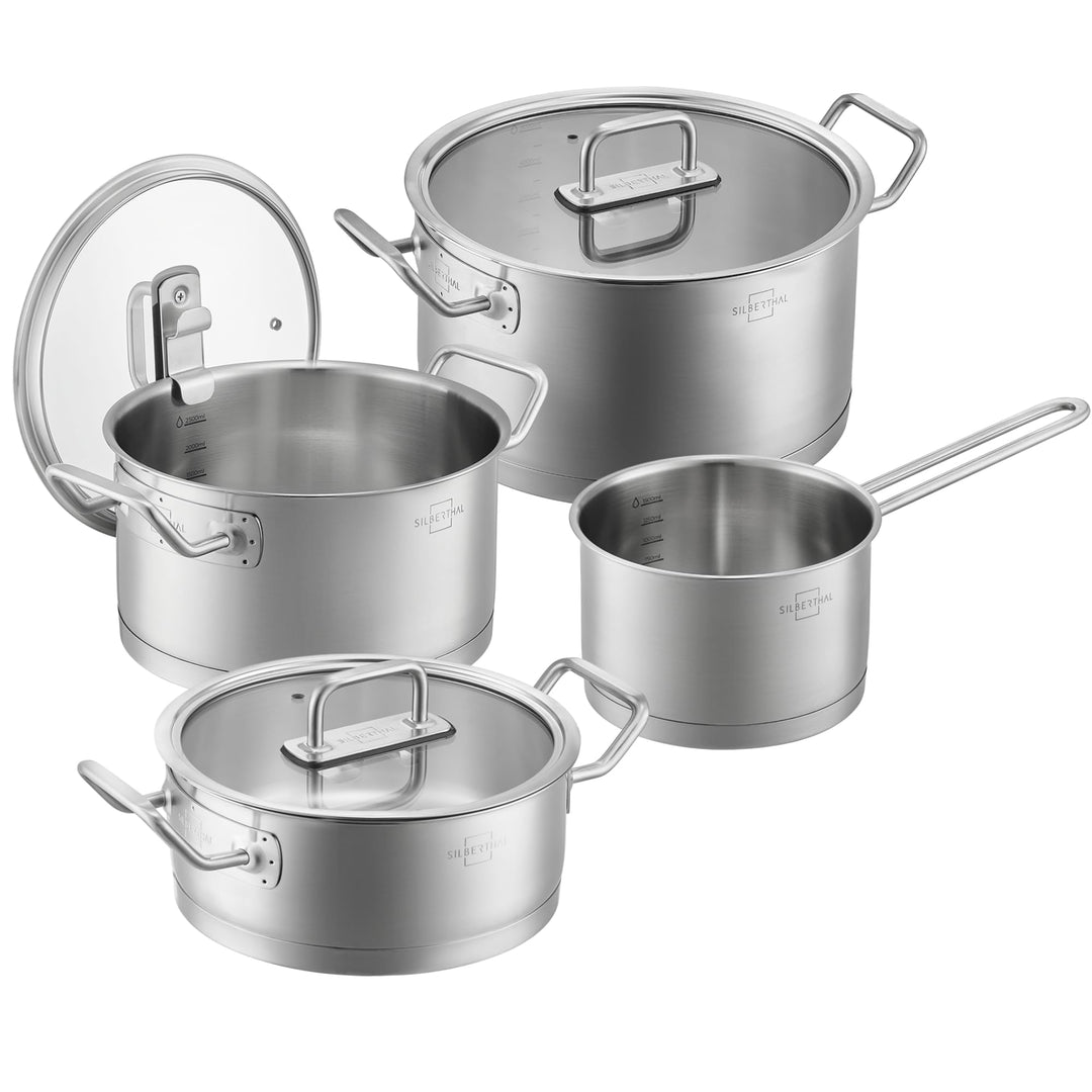 SILBERTHAL Topfset Induktion - 4-teilig - Edelstahl Kochtopf Set mit Glasdeckel - Unbeschichtet - Fü