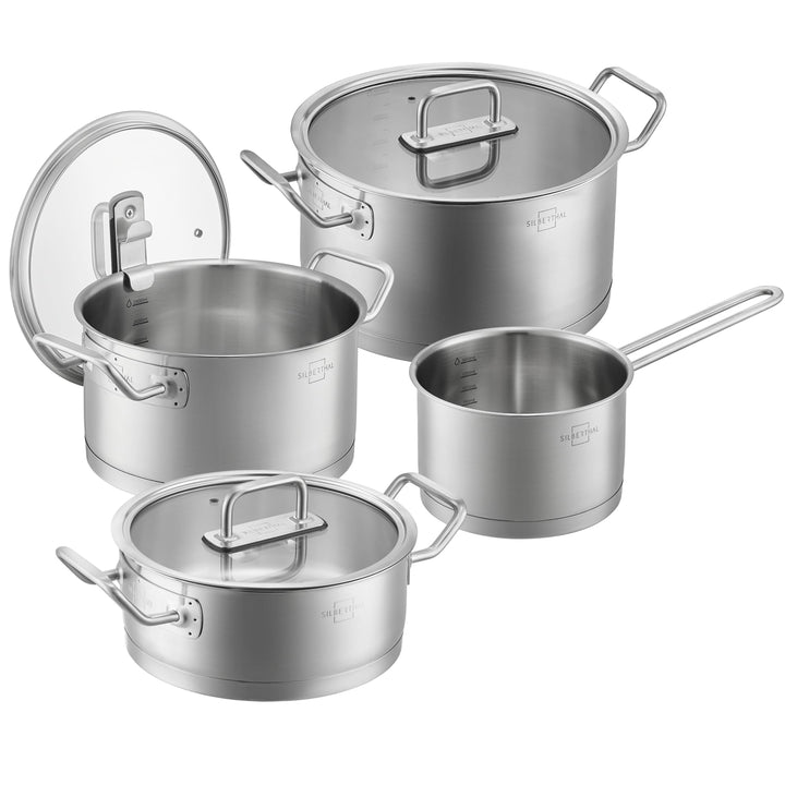 SILBERTHAL Topfset Induktion - 4-teilig - Edelstahl Kochtopf Set mit Glasdeckel - Unbeschichtet - Fü