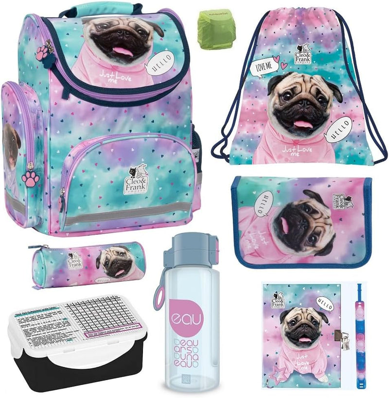 Familando Schulranzen-Set Sweet Puppy Love 6 TLG. mit Federmappe, Dose, Flasche und Regenschutz Rosa