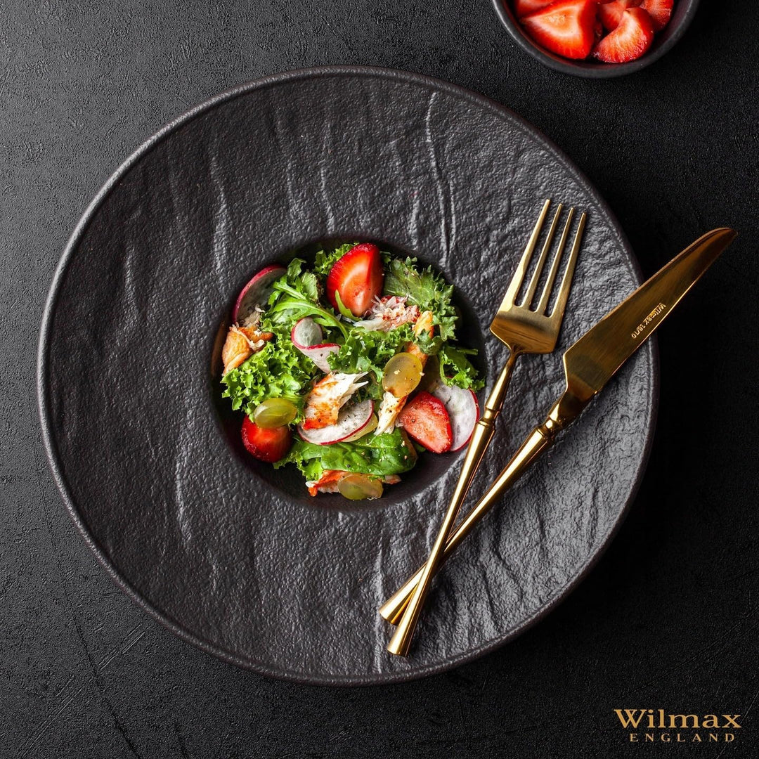 Wilmax | Tiefe Schalen - 2 Stück 27 cm / 250 ml | Schwarze Pastateller | Natursteintextur | Für Past