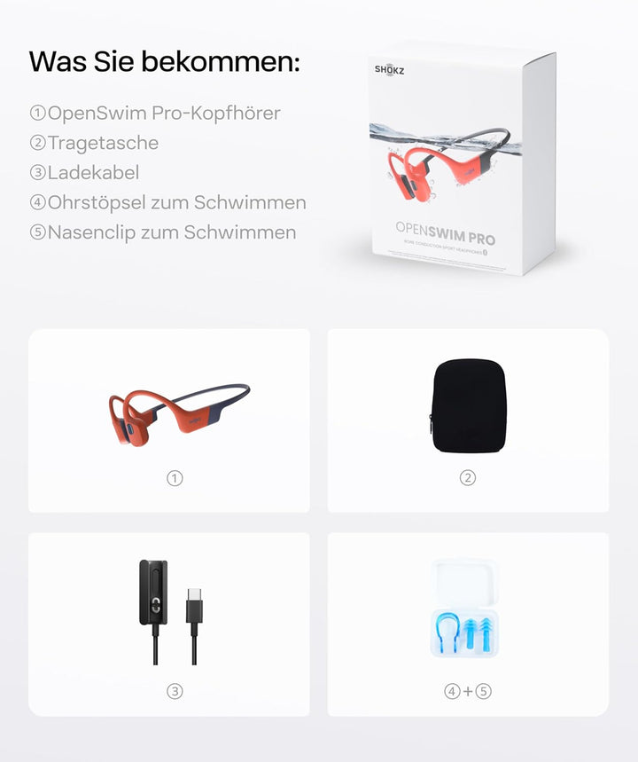 SHOKZ OpenSwim Pro Knochenschall Schwimmen Kopfhörer, IP68 Wasserdicht, 32GB MP3 Player, Bluetooth 5