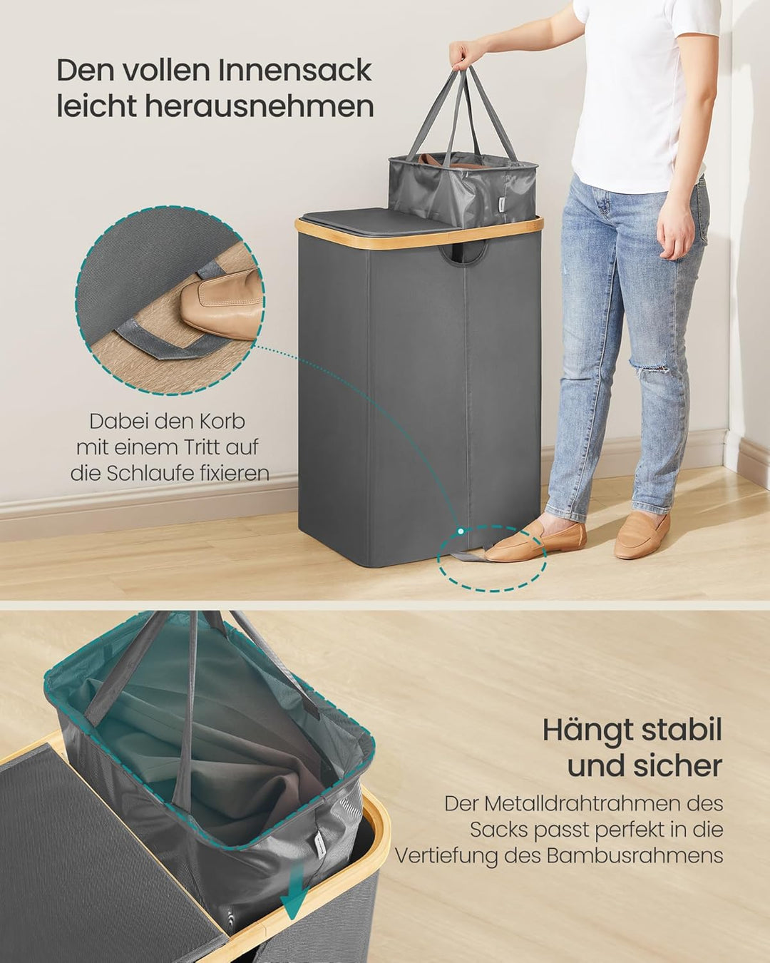 SONGMICS Wäschekorb 2 Fächer, Wäschesammler, 150 Liter, Wäschesortierer mit Deckel, Wäschetonne, Wäs