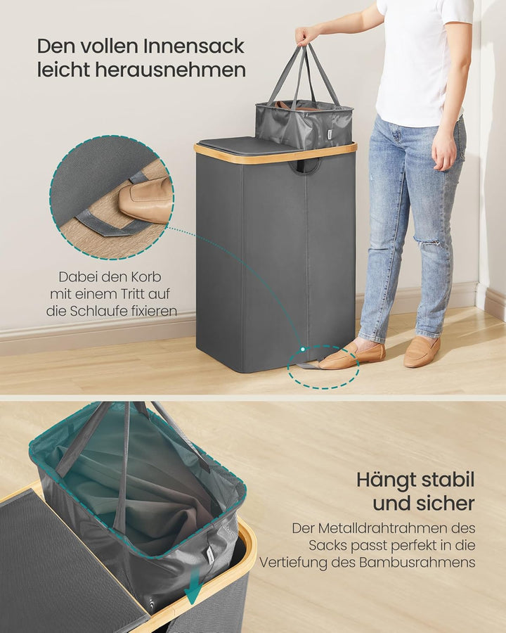 SONGMICS Wäschekorb 2 Fächer, Wäschesammler, 150 Liter, Wäschesortierer mit Deckel, Wäschetonne, Wäs
