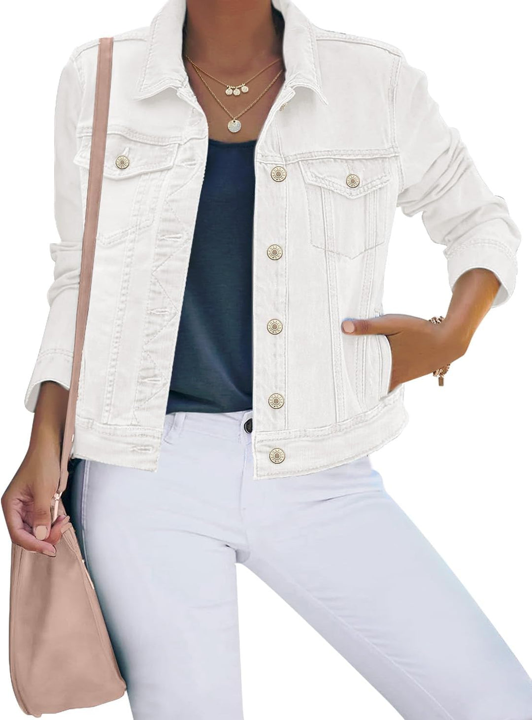 Roskiky Jeansjacken Damen Jean Stretchy Langarm Trucker Jacke mit Tasche M Weiss, M Weiss