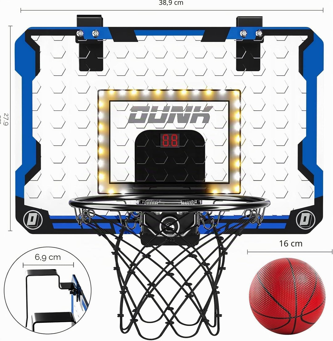 TEMI Indoor Basketball Reifen für Kinder, LED Licht Tür Basketballkorb, Mini Basketballbrett mit ele