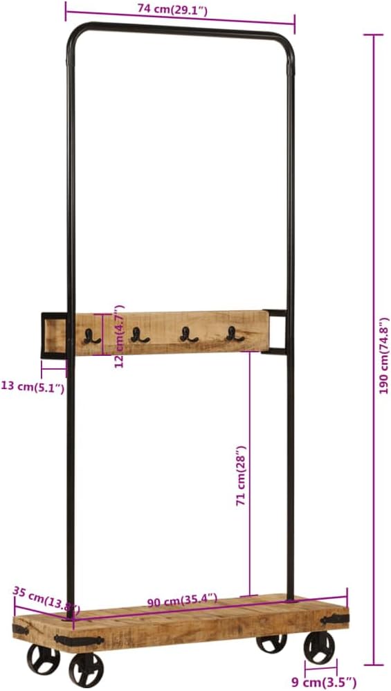 Hothingwell Kleiderständer, Mangoholz, 90 x 35 x 190 cm | Stabiler Eisenrahmen, 4 Doppelhaken, Kleid