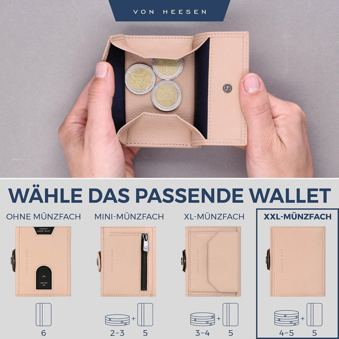 VON HEESEN Slim Wallet mit XXL Münzfach &amp; RFID-Schutz - Leder Geldbeutel - Mini Geldbörse für Herren