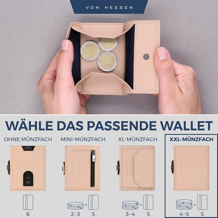 VON HEESEN Slim Wallet mit XXL Münzfach &amp; RFID-Schutz - Leder Geldbeutel - Mini Geldbörse für Herren
