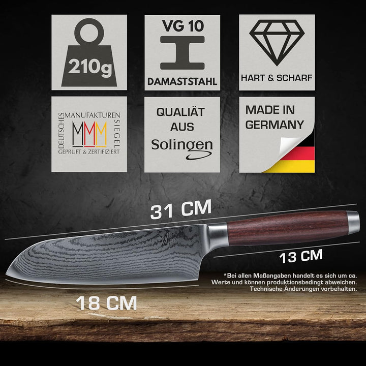 SOLINGEN PREMIUM MYII | Santoku Messer/Damastmesser | Scharfes Profi Küchenmesser, made in Germany,