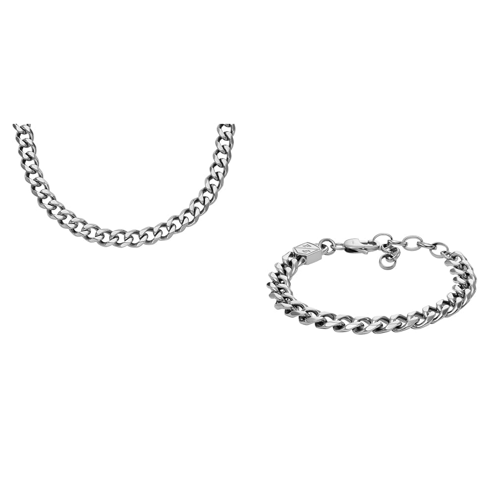 Fossil Herren-Halskette und -Armband Schmuck, silberfarbener Edelstahl, Set