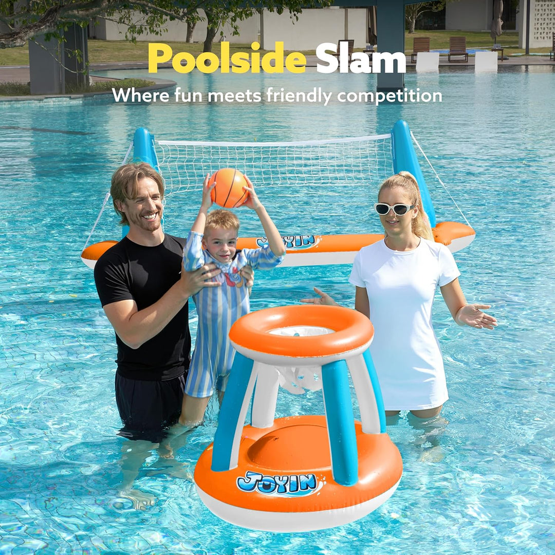 JOYIN Aufblasbare Pool Float Set, Volleyballnetz & Basketballkörbe & Bälle für Kinder und Erwachsene