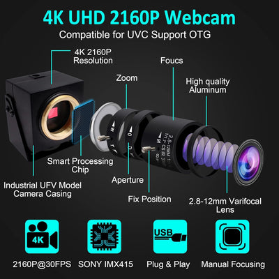 ELP 4K USB Kamera Weitwinkel 2.8-12mm Varifocal Zoom Objektiv Webcam Ultra HD 2160P 30FPS Webcam,Plu