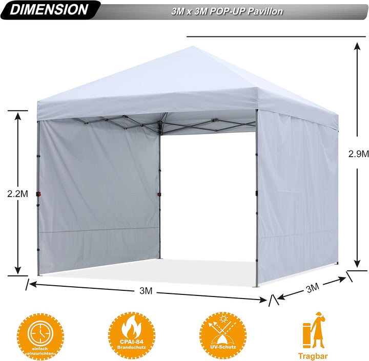 ABCCANOPY Faltpavillon UV50+ mit 2 Seitenwänden, Weiss 300 cm | 500D Polyester,wasserdicht, 4 Sandsä