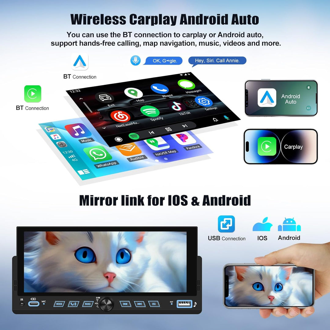 CAMECHO Autoradio 1 Din Wireless Carplay Android Auto Bluetooth 5.2 Radio mit 6.86 Zoll LCD Touchscr