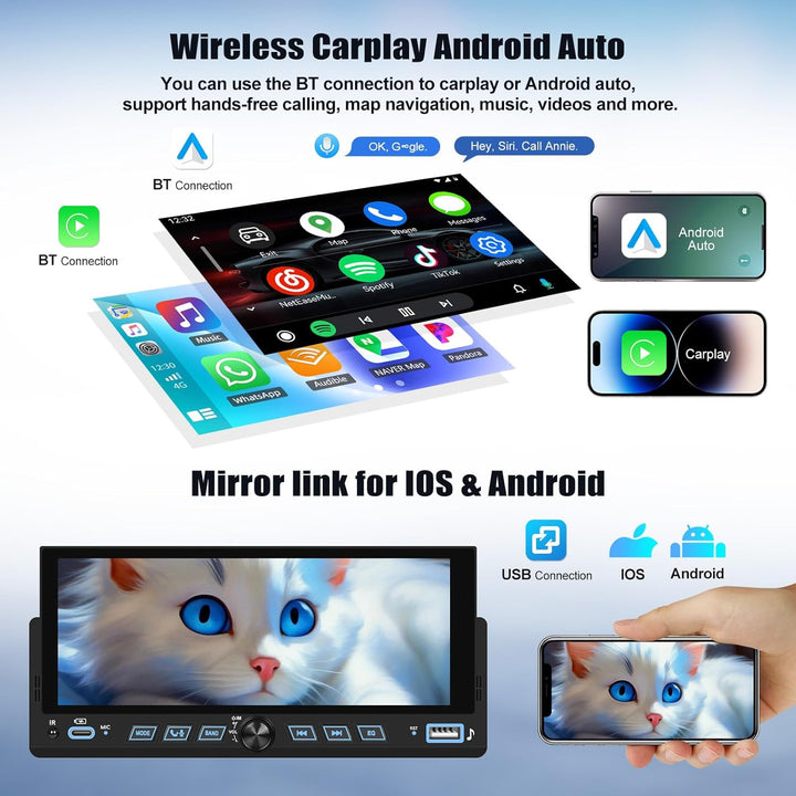 CAMECHO Autoradio 1 Din Wireless Carplay Android Auto Bluetooth 5.2 Radio mit 6.86 Zoll LCD Touchscr